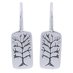 Sterling Silver Tree of Life on Smooth Rectangle Drop Earrings