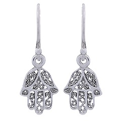 925 Silver Hamsa Hand Dangle Earrings by BeYindi