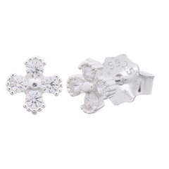 Adorable Four-Petals Beaded 925 Stud Earrings With CZ White by BeYindi 