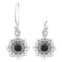 Mandala Flower With Black Stone Silver Earrings