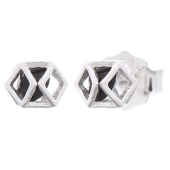 Tiny Polyhedron Shape With Black CZ Stud Earrings 925 Silver by BeYindi 