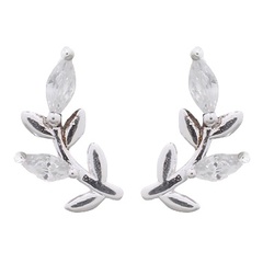 Curvy Leaf 925 Silver With White Cubic Zirconia Stud Earrings