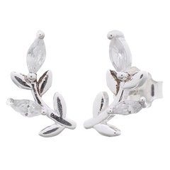 Curvy Leaf 925 Silver With White Cubic Zirconia Stud Earrings by BeYindi 