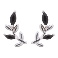 Curvy Leaf 925 Silver With Black Cubic Zirconia Stud Earrings