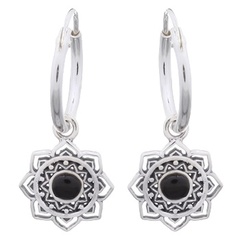 925 Silver Endearing Mandala Flower With Black Stone Earrings by BeYindi