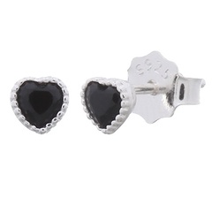 Tiny Delightful Heart With Black CZ 925 Silver Stud Earrings 