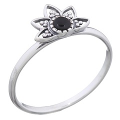 Mandala Lotus With Black Stone 925 Silver Ring