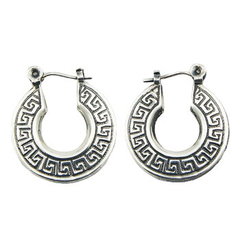 Ornate Silver Hoop Earrings Antiqued  Geometric Line Relief
