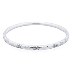 Engraved Oxidized And Faded Flowers Sterling Silver Bangle