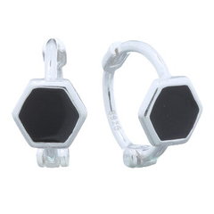 Black Octagon Huggie Silver Hoop Earrings Silver Plated by BeYindi