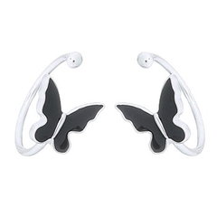 Black Enamel Butterfly Silver Plated Cuff Earrings by BeYindi