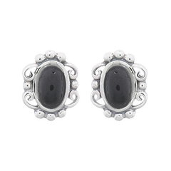 Reconstituted Stone Black Oval Filigree Silver Stud Earrings