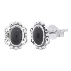 Reconstituted Stone Black Oval Filigree Silver Stud Earrings by BeYindi 