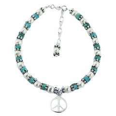 Freshwater Pearl Bracelet Turquoise Silver Beads Peace Charm