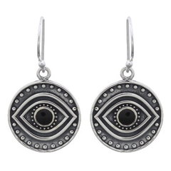 Tribal Evil Eye Black Stone Dangle 925 Silver Earrings by BeYindi