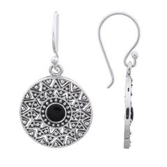 Sun Mandala Ethnic Black Stone 925 Silver Dangler Earrings by BeYindi 