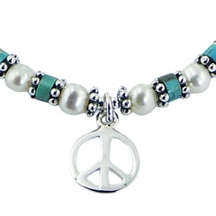Freshwater Pearl Bracelet Turquoise Silver Beads Peace Charm 