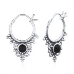 Boho Antiqued Hoop Reconstituted Black Stone Earrings 925 Silver by BeYindi 