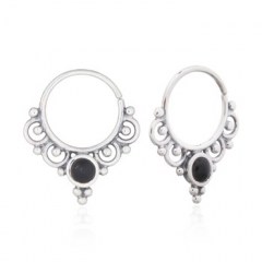 Septum Hoop Earrings Ornamented Black Stone 925 Silver by BeYindi 
