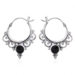 Ornamented Boho Reconstituted Black Stone Hoop Earrings 925 Silver by BeYindi