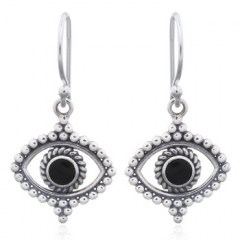 Extraordinary Evil Eye Reconstituted Black Stone Silver Dangle Earrings by BeYindi