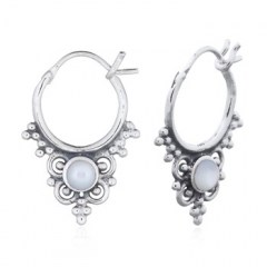 Boho Antiqued Hoop Mother Of Pearl Earrings 925 Silver by BeYindi 