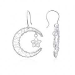 925 Silver Moon Dangle Earrings with Tiny Star in its Midst by BeYindi 