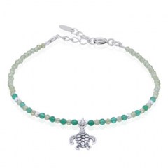 925 Silver Peridot and Green Agate Beaded Bracelet with Turtle Charm by BeYindi 