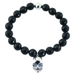 Stretch bracelet with black agate gemstone honeycomb cut and silver skull charm by BeYindi