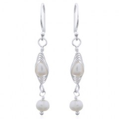 Freshwater Pearl Wire Wrapped 925 Silver Dangle Earrings by BeYindi