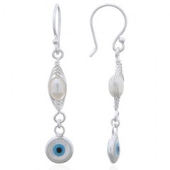 Wire Wrapped Freshwater Pearl and Shell Nazar 925 Silver Danglers by BeYindi 