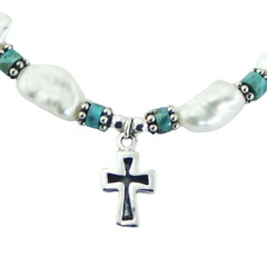 Freshwater Pearl Bracelet Turquoise Silver Beads with Antiqued Cross 