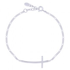 Plain Slender Cross In Sterling Silver Figaro Chain Bracelet