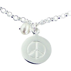 Sterling Silver Round Peace Charm Bracelet with Freshwater Pearl 3