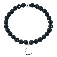 Black Agate Bead Stretch Bracelet 925 Silver Peace Charm by BeYindi