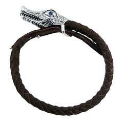 Ornate 925 Silver Crocodile Clasp Braided Leather Bracelet