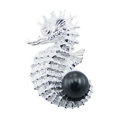 Unique designer Swarovski crystal pearl seahorse figure casted polished sterling silver ring