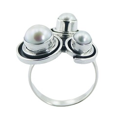 Unique triple freshwater pearls silver ring 