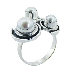 Unique design triple freshwater pearls polished sterling silver ring