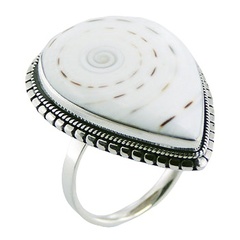 Handmade white conch shell drop shaped ornate hand soldered polished sterling silver ring
