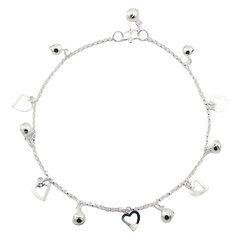 Linked silver chain anklet with open heart & sphere charms
