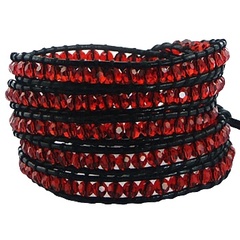 Five rows wrap bracelet with glass on black leather 