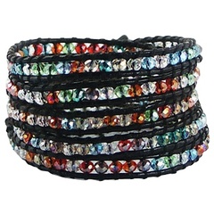 Five rows wrap bracelet with multicolored glass beads on black leather