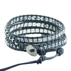 Wrap bracelet gray leather and clear glass beads 2