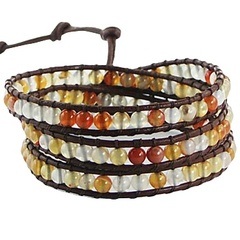 Triple row wrap bracelet with brown hues agate gemstones on brown leather