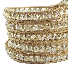 Five rows wrap bracelet with silky glass on beige leather 