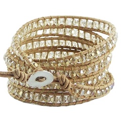 Five rows wrap bracelet with silky glass on beige leather 2