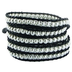 Multi level wrap bracelet with white imitation pearls on black leather
