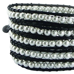 Wrap bracelet with imitation pearls on black leather 2