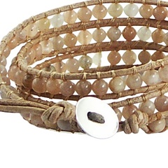 Triple row wrap bracelet with sunstone beads on beige leather 3